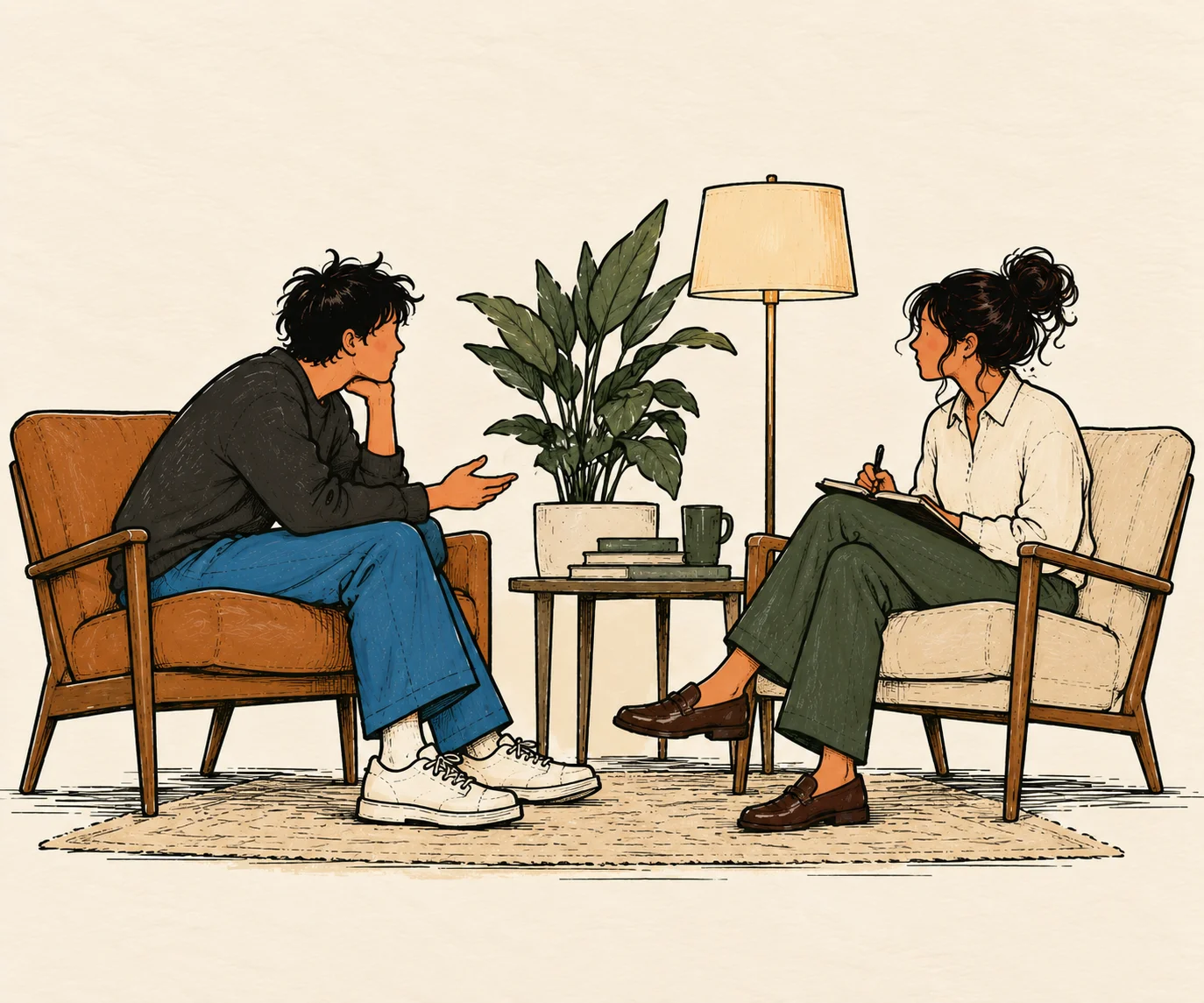 Illustration of a therapist with a notebook listening to a client in a cozy office