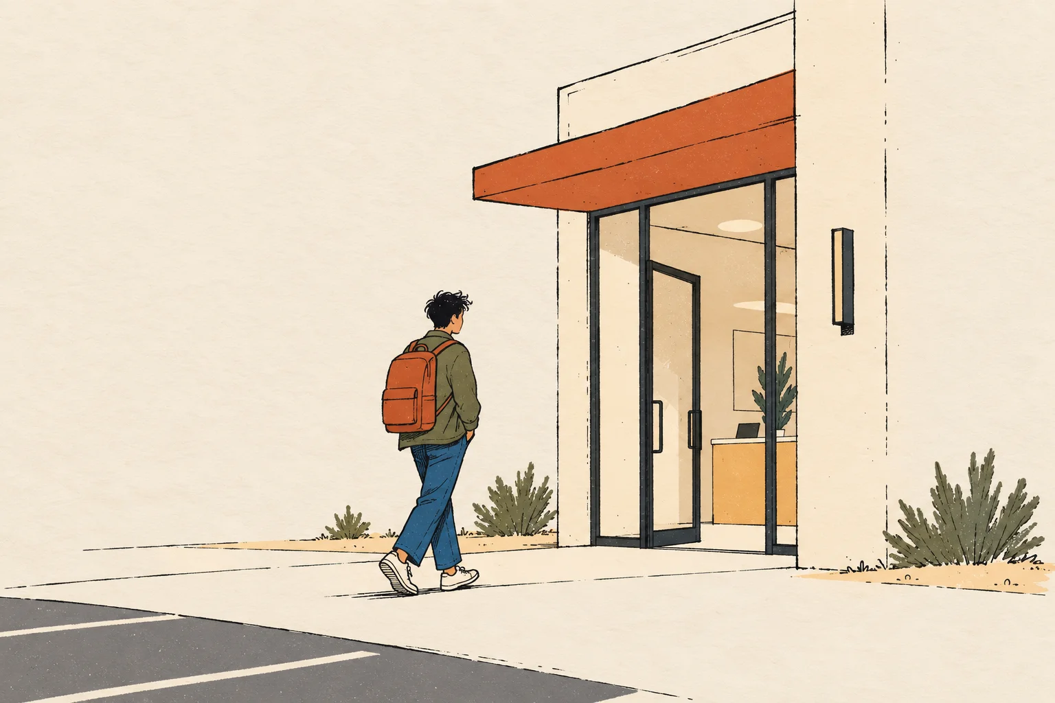 Illustration of a person with a backpack walking toward an open glass door under an orange awning