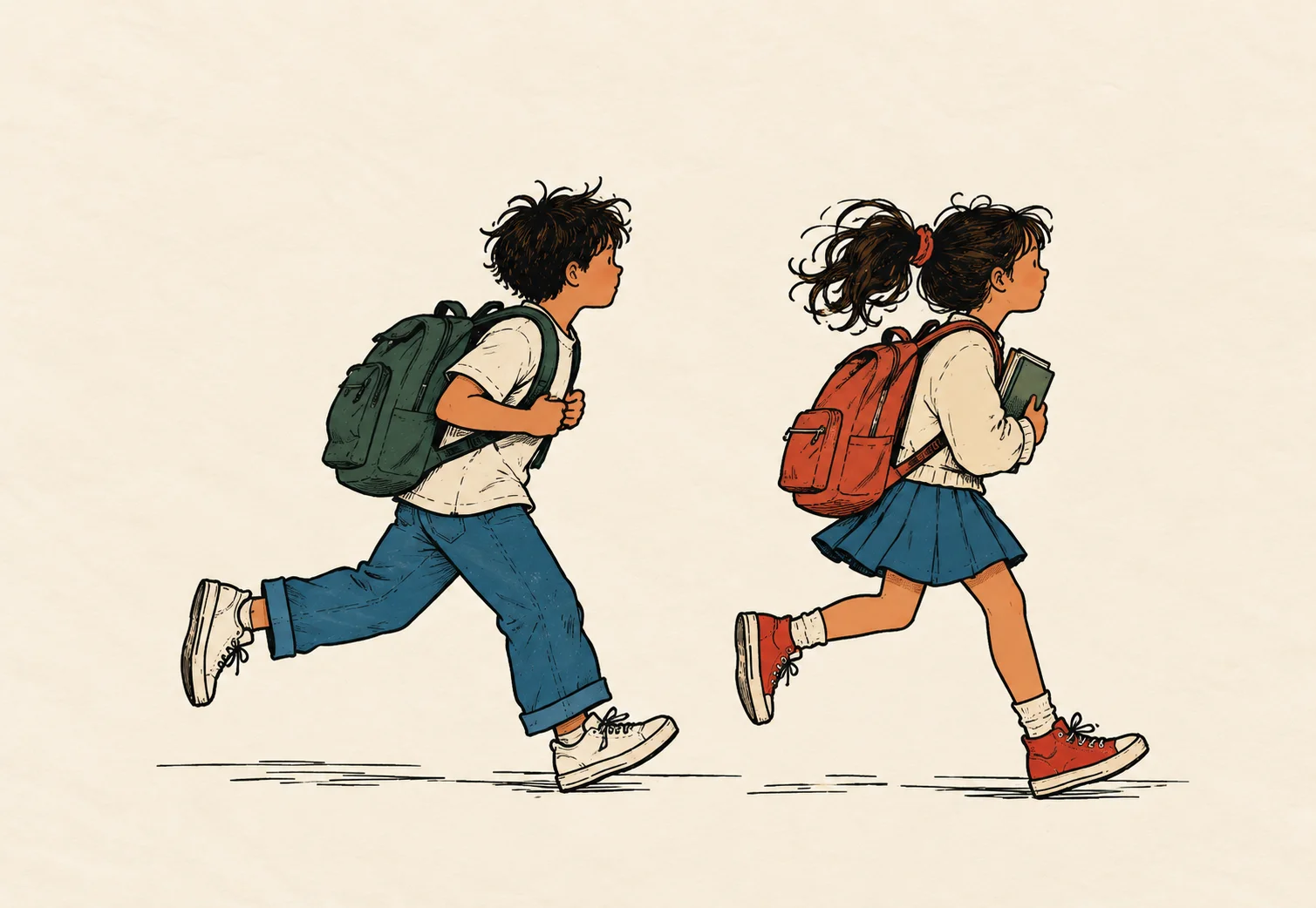 Illustration of a boy and a girl running to school with backpacks