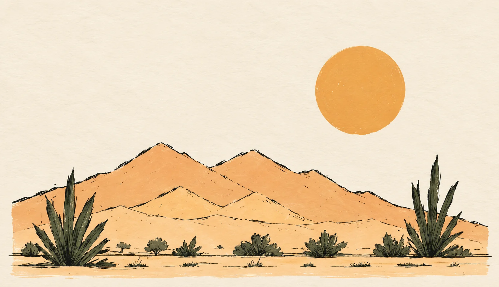 Illustration of a desert landscape with mountains under an orange sun