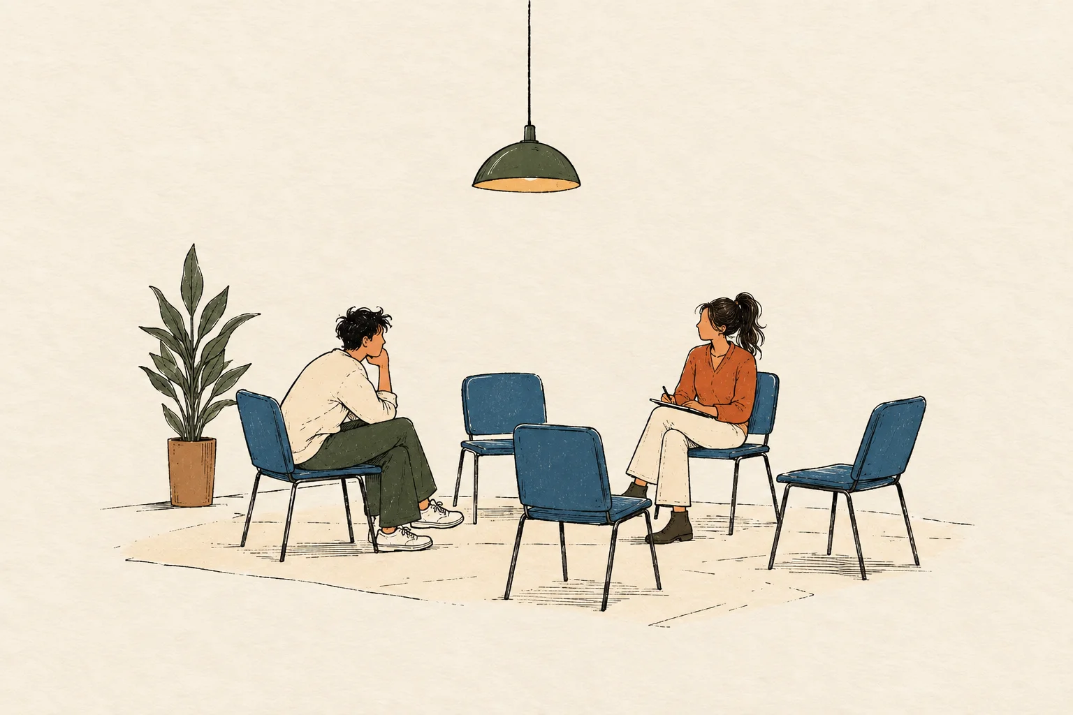 Illustration of a small support group in a circle of blue chairs, with empty seats