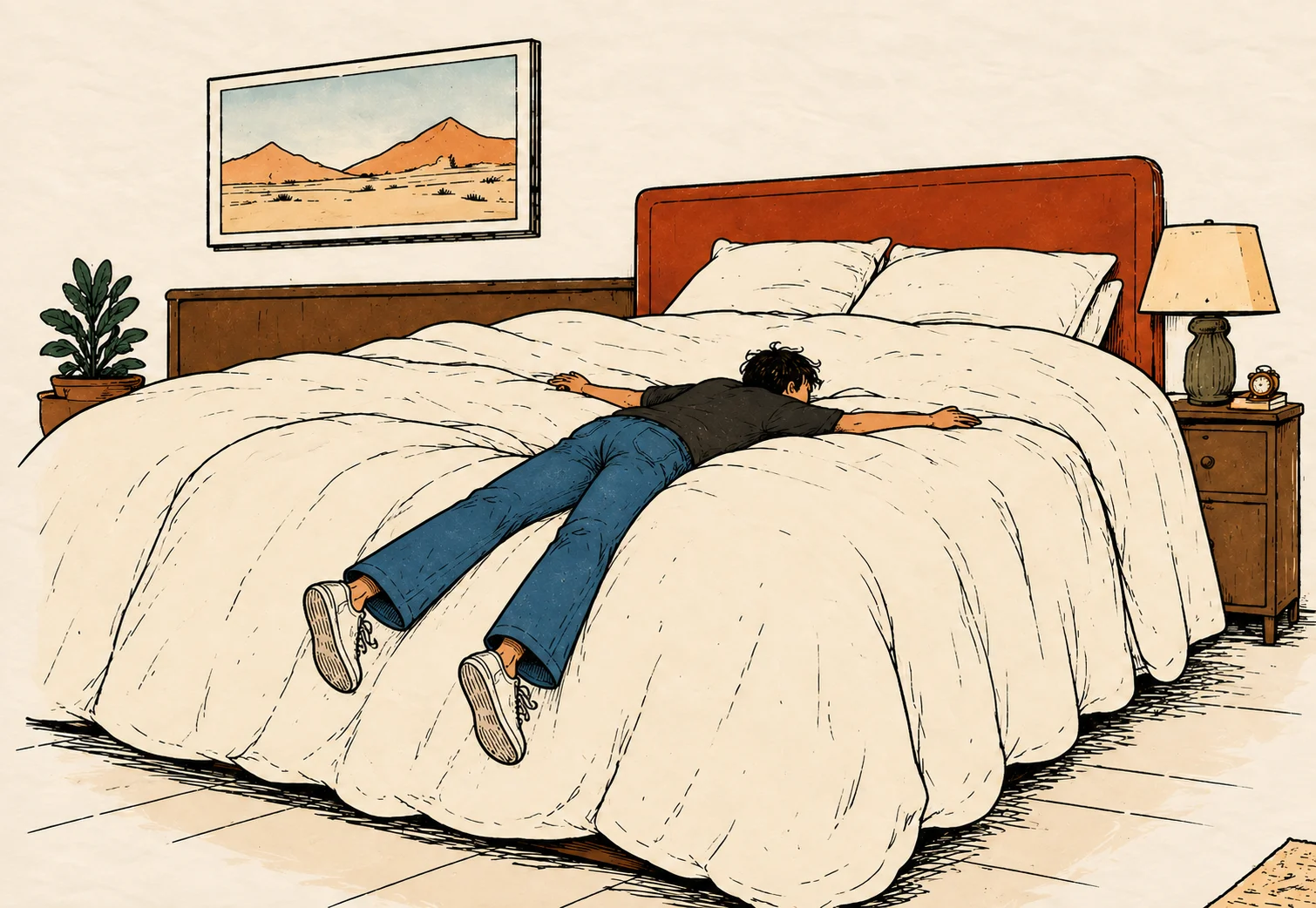 Illustration of a young man lying face down on a large bed